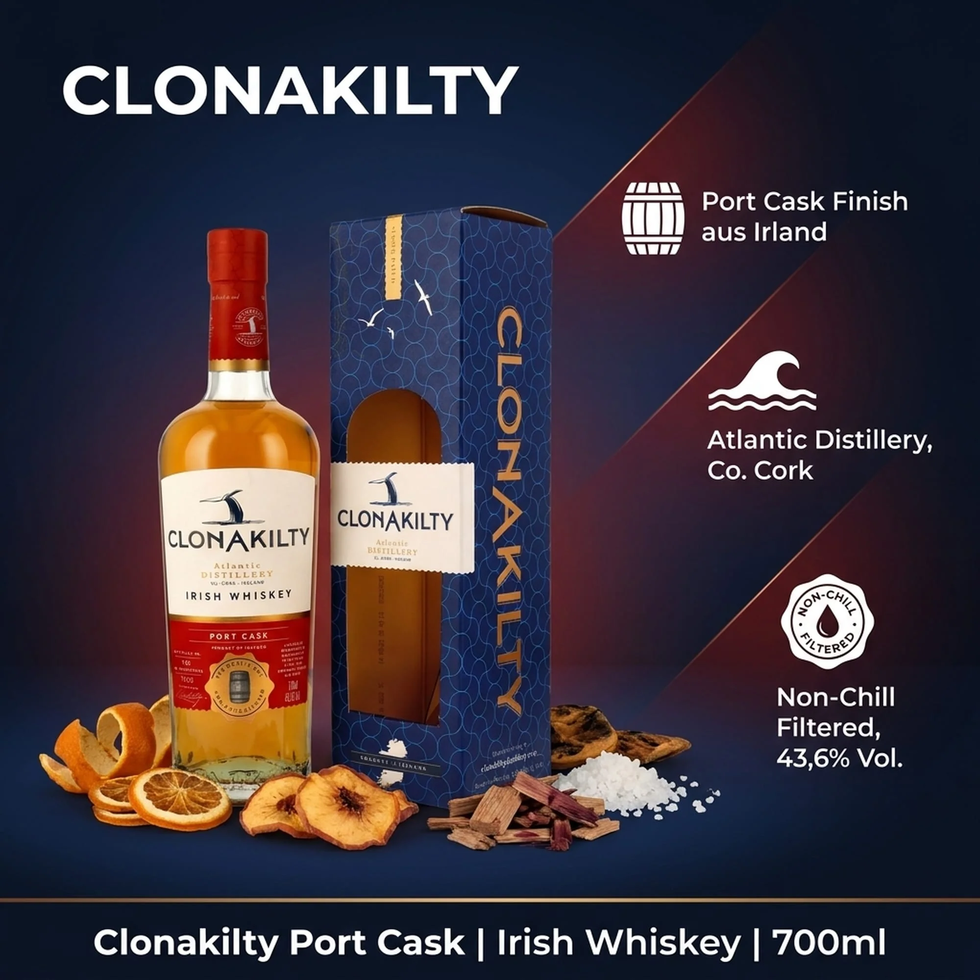 Clonakilty Port Cask Irish Whisky 0,7l, alc. 43,6 Vol.-%